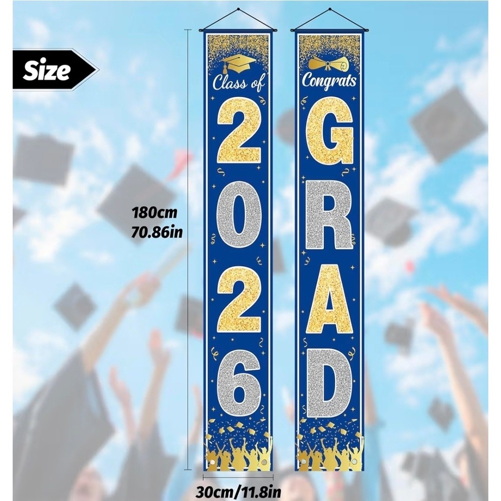 Graduation 71x12 Porch Banner Set Unisex Blue Gold Class of 2026 Decor - Picture 2 of 3